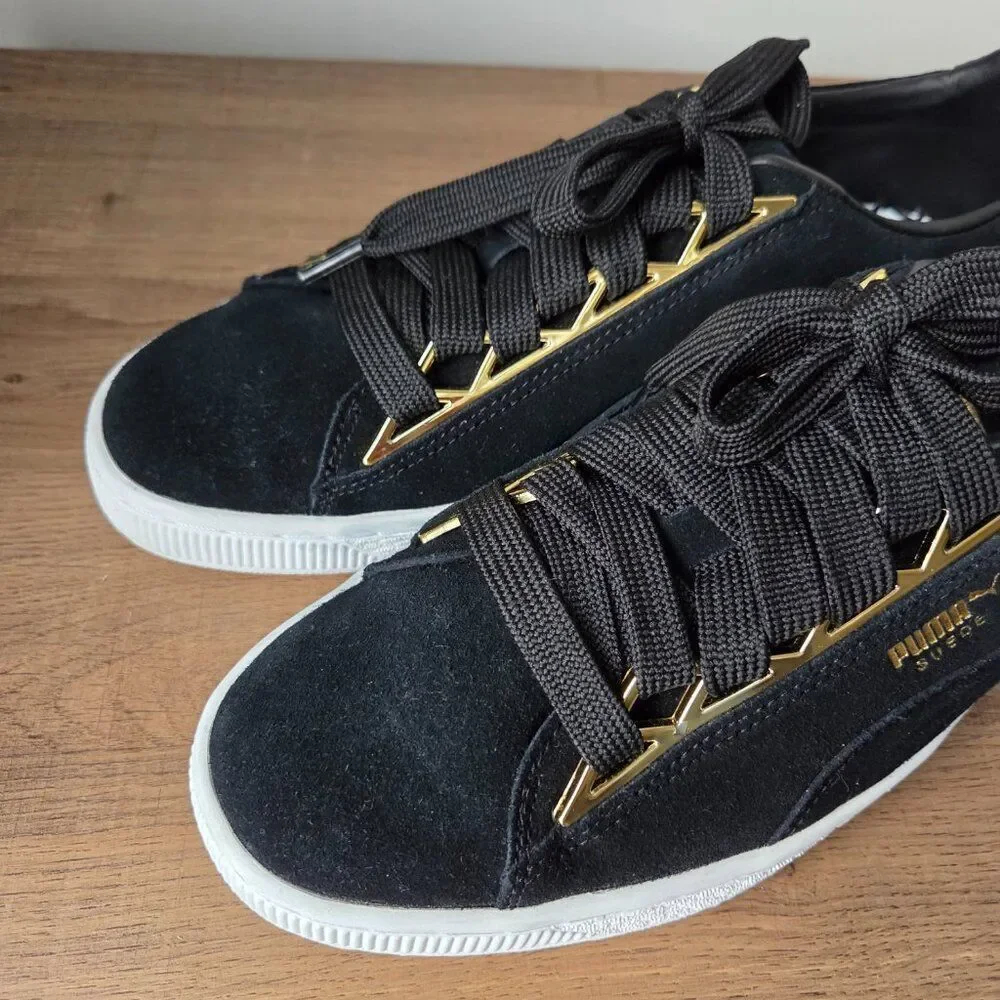 LIKE NEW PUMA 50TH ANNIVERSARY BLACK SUEDE /GOLD SNEAKERS SIZE 9 WOMENS
